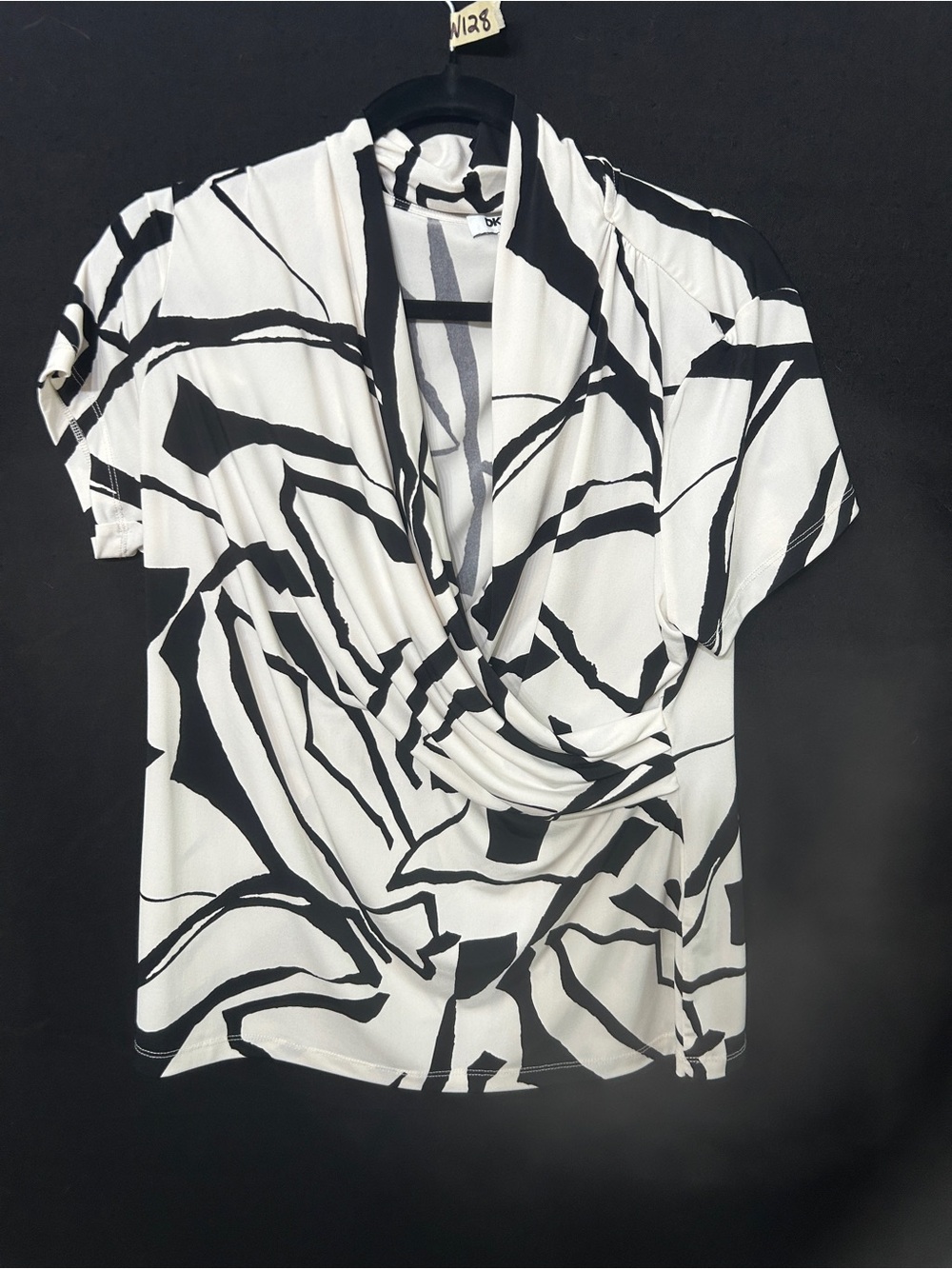 DKNY Faux Wrap Top Women’s XL Black White Abstract Print